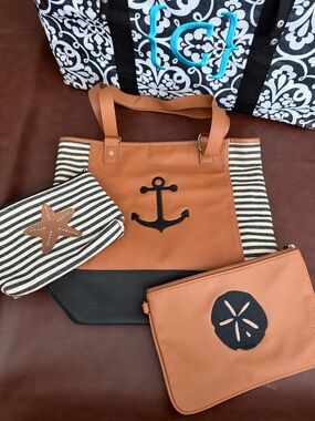 Thirty-One Tan & Black Nautical Anchor Tote with Striped Pouches